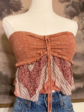 American Eagle Outfitters Rust and Cream Printed Smocked Tube Top